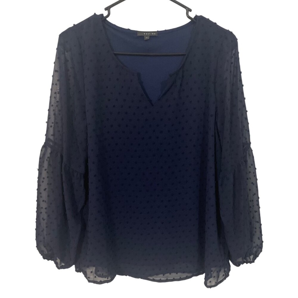 West Kei Sheer Navy Blue Swiss Dot Long Sleeve Blouse Small Versatile Comfort Li